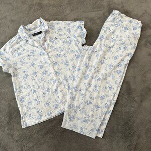 Lauren Ralph Lauren Pajamas Set XL Blue Floral Capris Short Sleeve Shirt